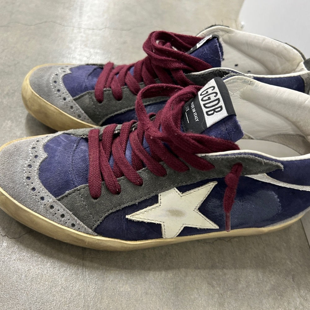 Golden Goose Mid Star Sneakers with Star Detail Navy Grey Burgundy